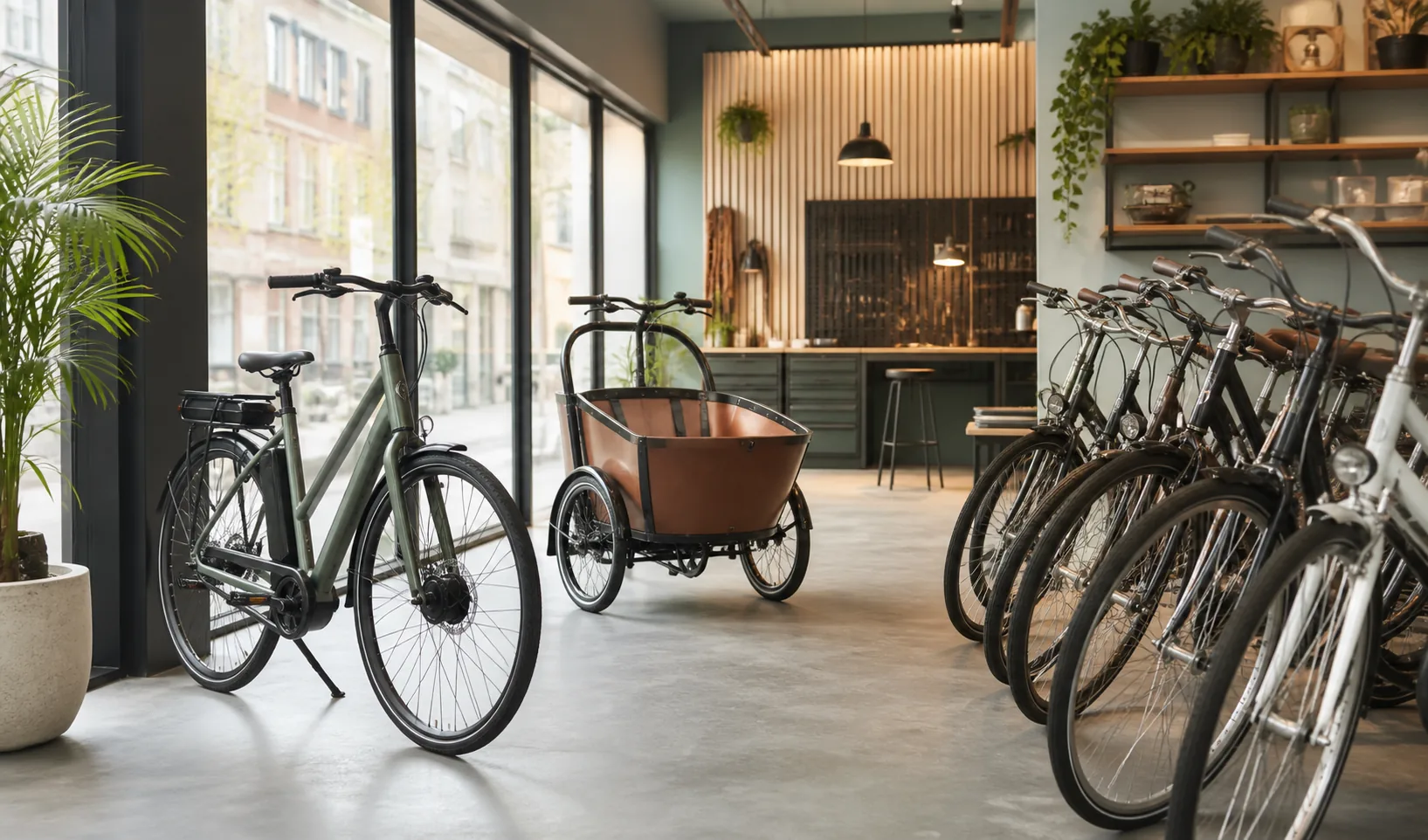 Winkelinterieur met elektrische fiets, bakfiets en rij refurbished fietsen